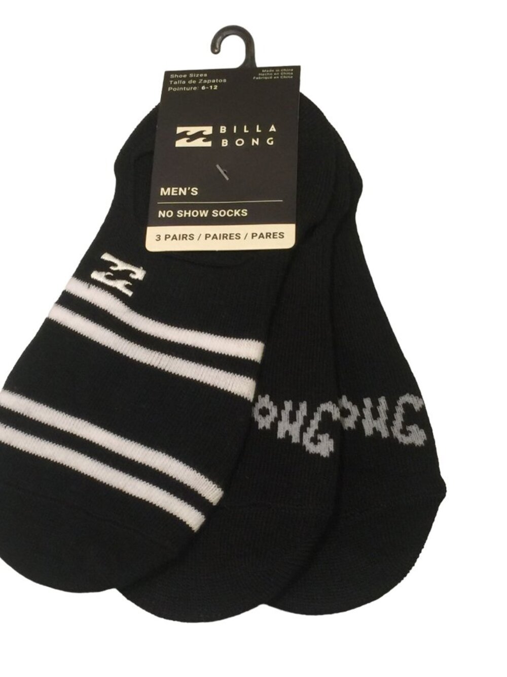 BILLABONG Men's No Show Socks 3 Pairs Black Size 6-12
